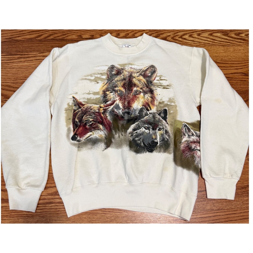Vintage 90s Wolf Sweatshirt M USA Made Front Back Graphic Wildlife Nature